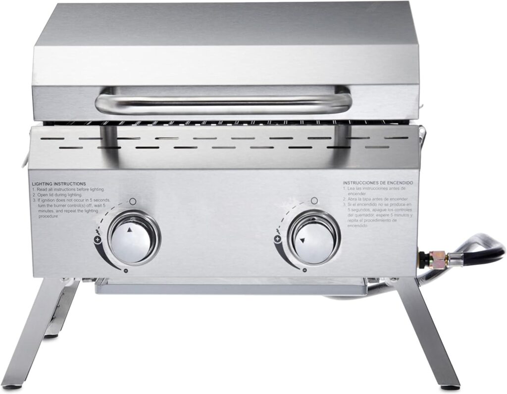 Amazon Basics Portable Propane Stainless Steel Tabletop Gas Grill, Two Burner Table Top