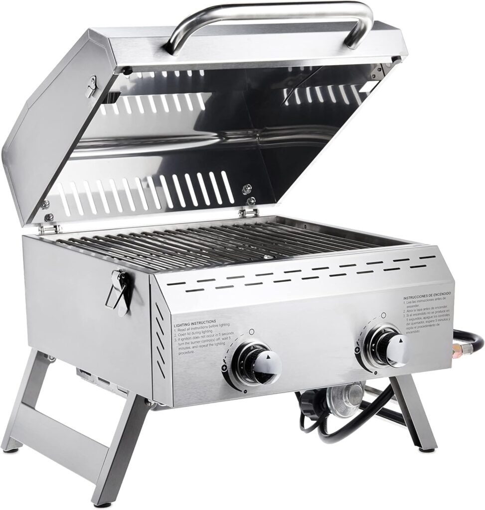 Amazon Basics Portable Propane Stainless Steel Tabletop Gas Grill, Two Burner Table Top