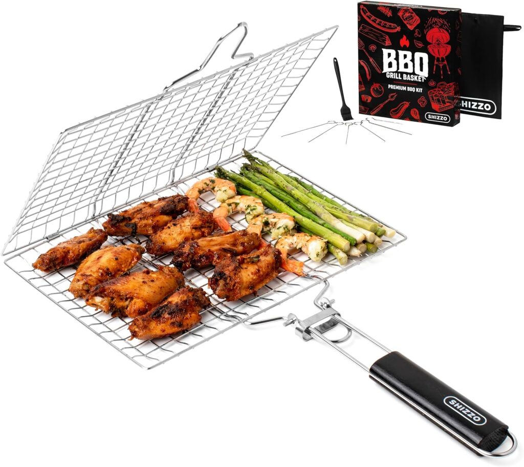 SHIZZO Shallow Grill Basket Set, Grilling Accessories Barbecue BBQ, Stainless Steel Folding Portable Outdoor Camping Rack for Fish, Shrimp, Vegetables, Cooking Accessories, Gift for Family, Freinds