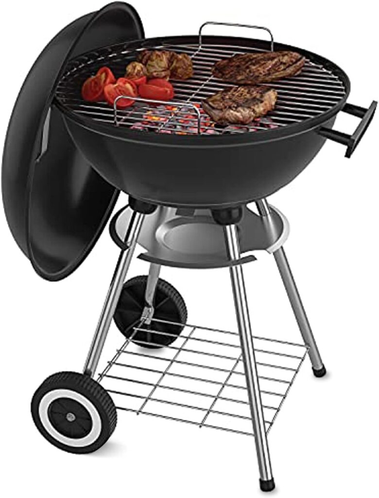 18 Inch Portable Charcoal Grill with Wheels for Outdoor Cooking Barbecue Camping BBQ Coal Kettle Grill - Heavy Duty Round with Thickened Grilling Bowl Wheels for Small Patio Backyard