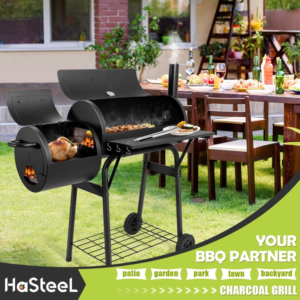 HaSteeL Outdoor BBQ Grill, Barrel Charcoal Grill with Offset Smoker, Camping Barbecue Grill for Patio Backyard Garden Picnic, Large 356.SQ.IN Cooking Area, 2 Screwdrivers  6 Hooks (Black)