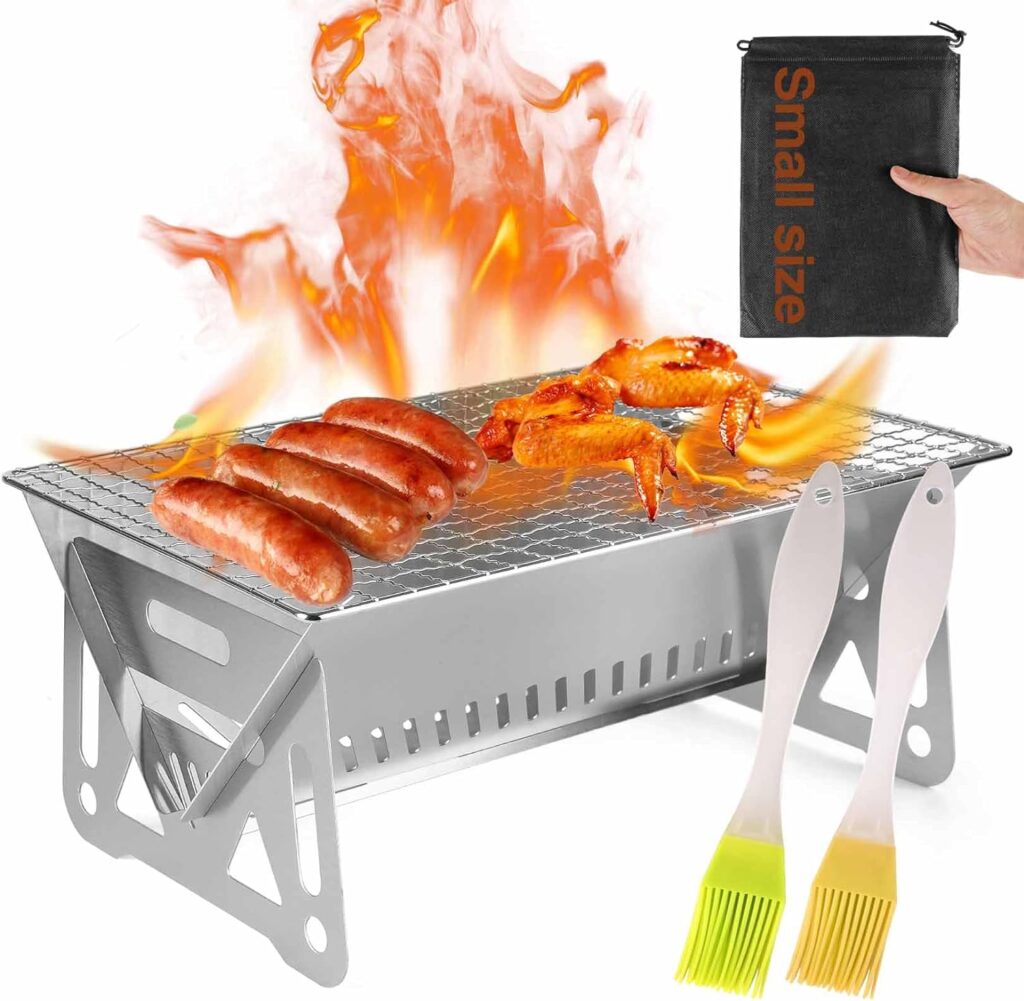 Mini Charcoal Grill is constructed with stainless steel, unpainted, making it a portable grill that can be folded to the size of an A4 paper. It is designed for camping grill and can accommodate 1-2 people. The griddle grill combo is also an excellent gift option for children.
