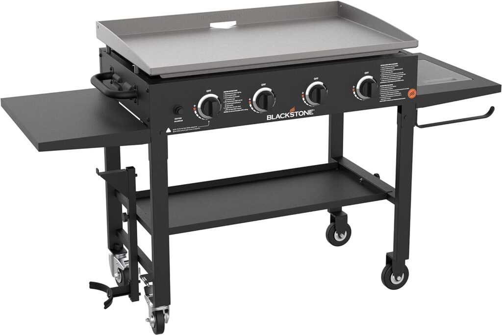 Blackstone 36 Cooking Station 4 Burner Propane Fuelled Restaurant Grade Professional 36 Inch Outdoor Flat Top Gas Griddle with Built in Cutting Board, Garbage Holder and Side Shelf (1825), Black