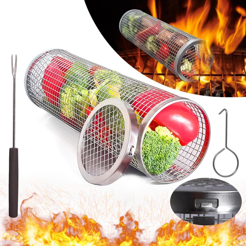 Rolling Grilling Basket for Outdoor Grill Bbq Net Tube Stainles Steel Large Round Mesh Rotation Barbecue Cylinder Cage Cooking Accessories for Veggie, Fish, Meat,Gift for Men