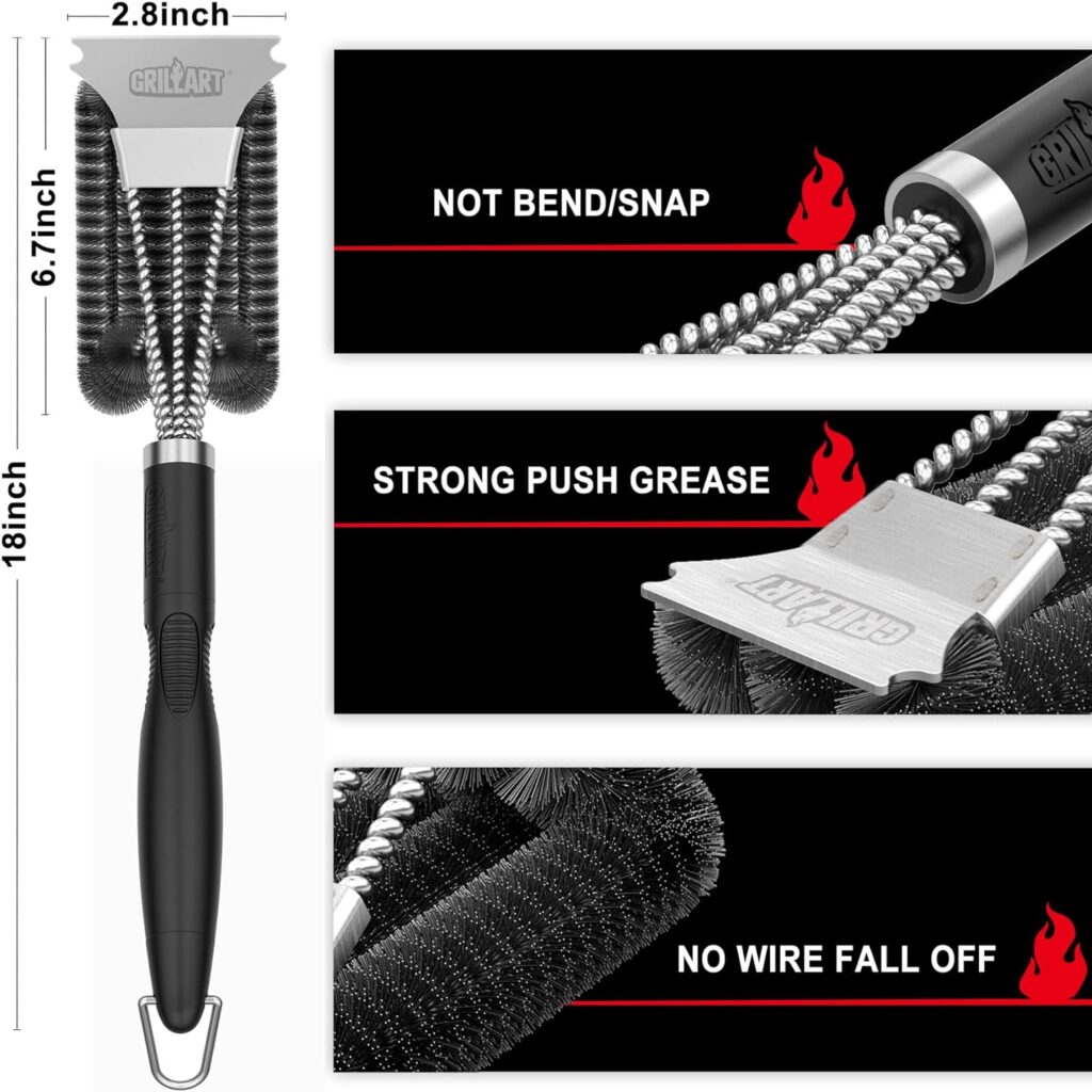 GRILLART Grill Brush and Scraper, Extra Strong BBQ Cleaner Accessories, Safe Wire Bristles 18 Barbecue Triple Scrubbers Cleaning Brush for Gas/Charcoal Grilling Grates, Wizard Tool BR-8115