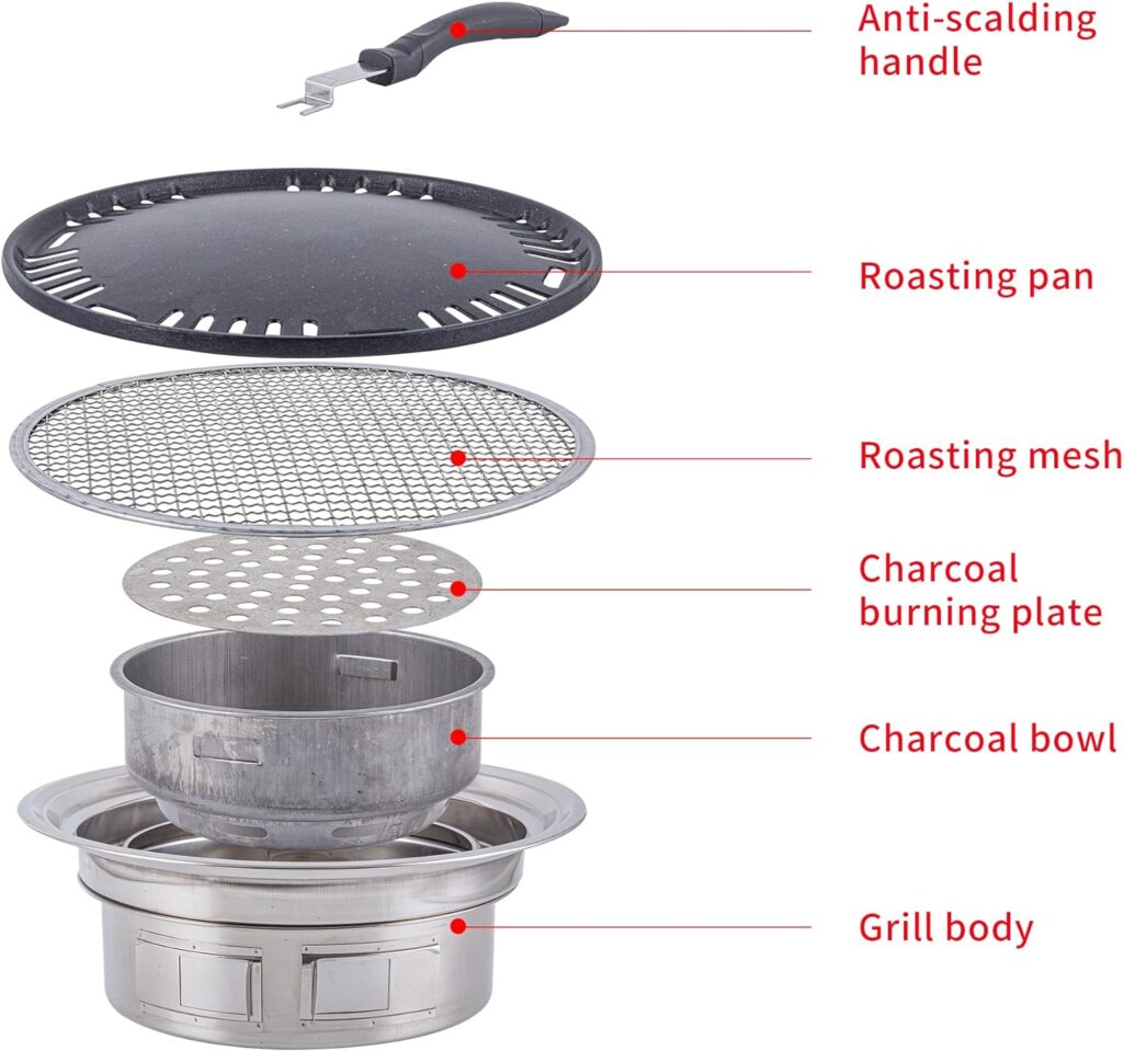 Topadorn Barbecue Charcoal Grill, Round Korean Style Non-stick Stainless Steel Cooking Stove, Portable Charcoal Stove for Outdoors, Camping, Picnic, Hiking, Fishing  Party