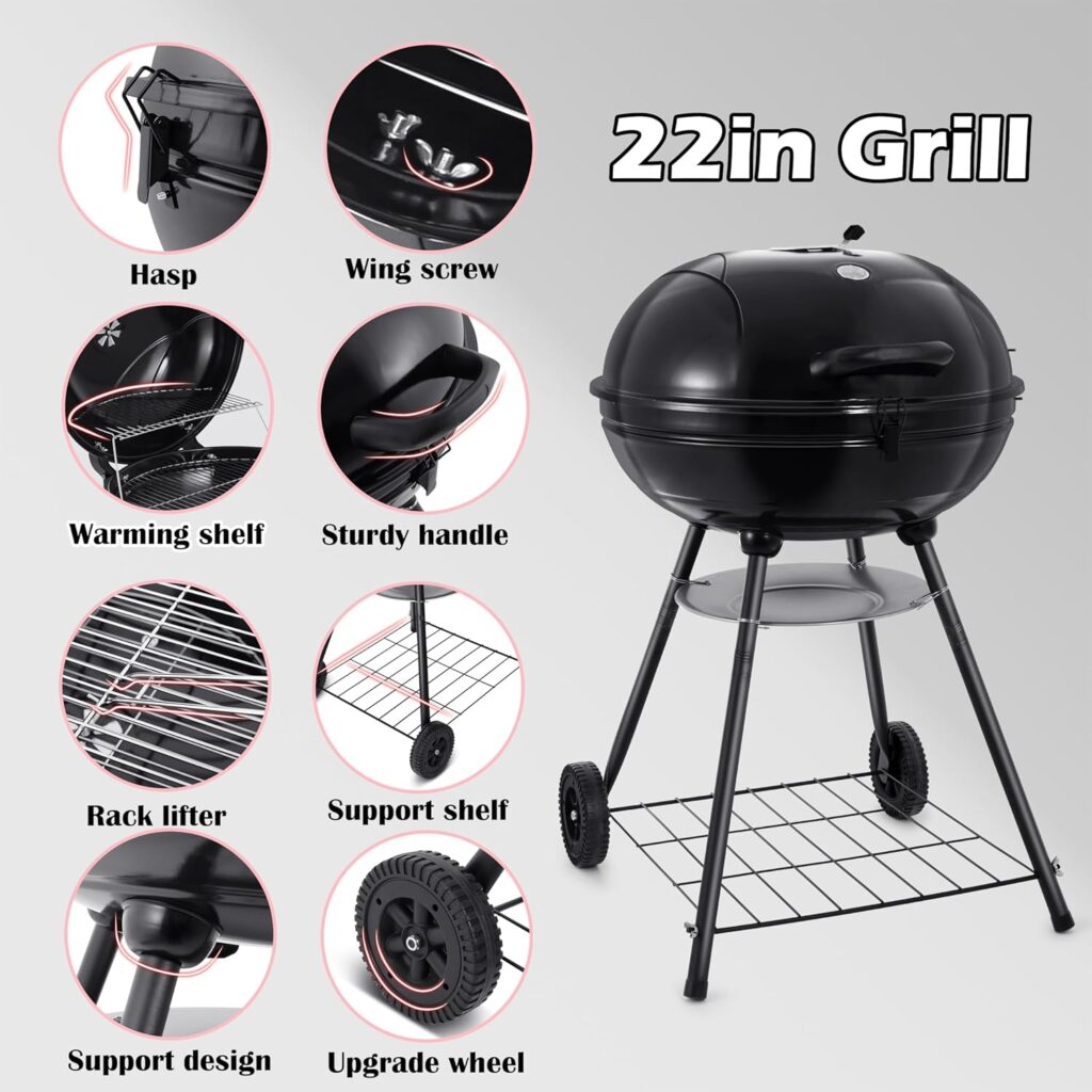 22-inch Charcoal Kettle Grill Set of 12, HaSteeL 2 Layer Grilling Racks Outdoor BBQ Grill, Heavy Duty Large Enameled Grills with Grilling Accessories for Camping Backyard Picnic, Barbecue Spatula