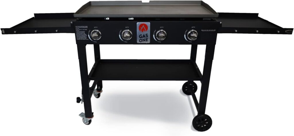 Gas One Propane Burner Grill–36-Inch Flat Top Grill Griddle Cooking Station–Foldable 4 Burner Propane Grill with Pre-Seasoned Griddle–Professional Burners for Outdoor Cooking with Side Shelves, Black