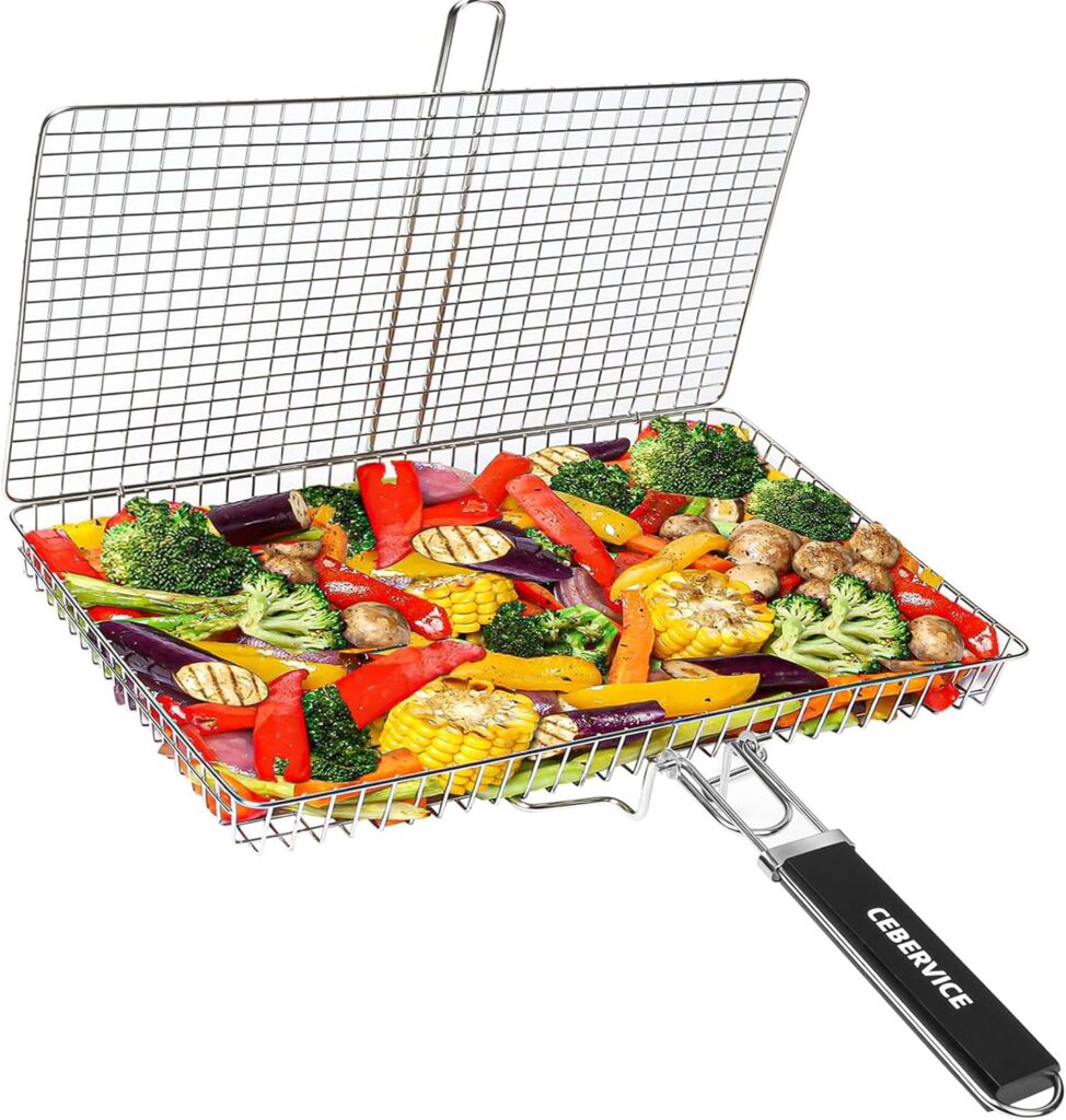 Grill Basket Extra Large, SUS304 Stainless Steel, Portable Folding BBQ Camping Grilling Rack for Fish, Vegetables, Shrimp, Barbeque Griller Cooking Accessories, Grilling Gifts for Men, Dad