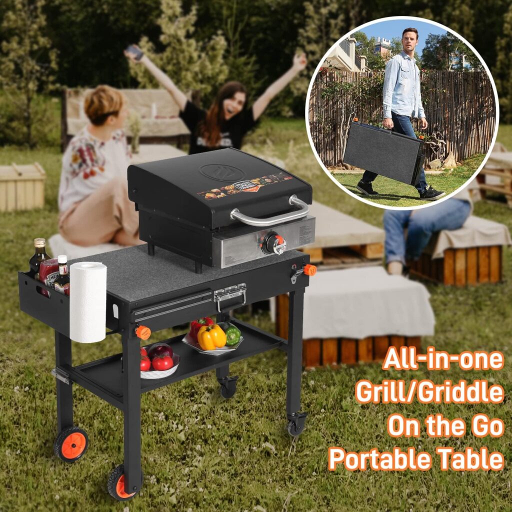 Portable Outdoor Grill Table, Folding Grill Cart Solid and Sturdy, Blackstone Griddle Stand Large Space, Blackstone Table with Paper Towel Holder, Grill Stand for Blackstone Griddle, Ninja Grill etc.