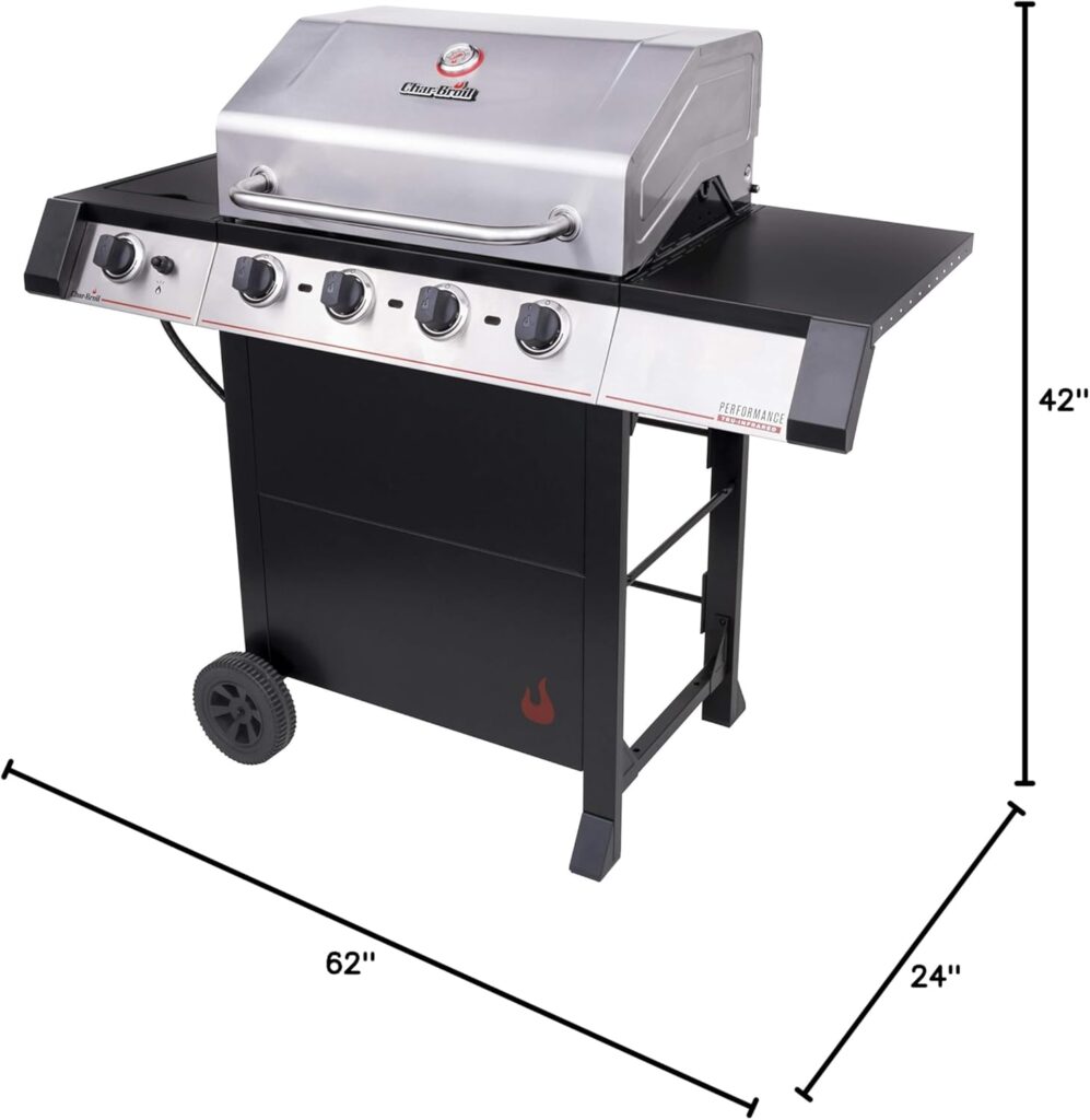 Char-Broil Stainless Steel Gas Barbecue Grill with Chefs Delight Tray, Electronic Ignition, Removable Grease Pan, Porcelain Coated Steel Grates, Lid Mounted Temperature Gauge