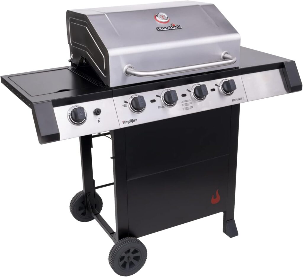 Char-Broil Stainless Steel Gas Barbecue Grill with Chefs Delight Tray, Electronic Ignition, Removable Grease Pan, Porcelain Coated Steel Grates, Lid Mounted Temperature Gauge