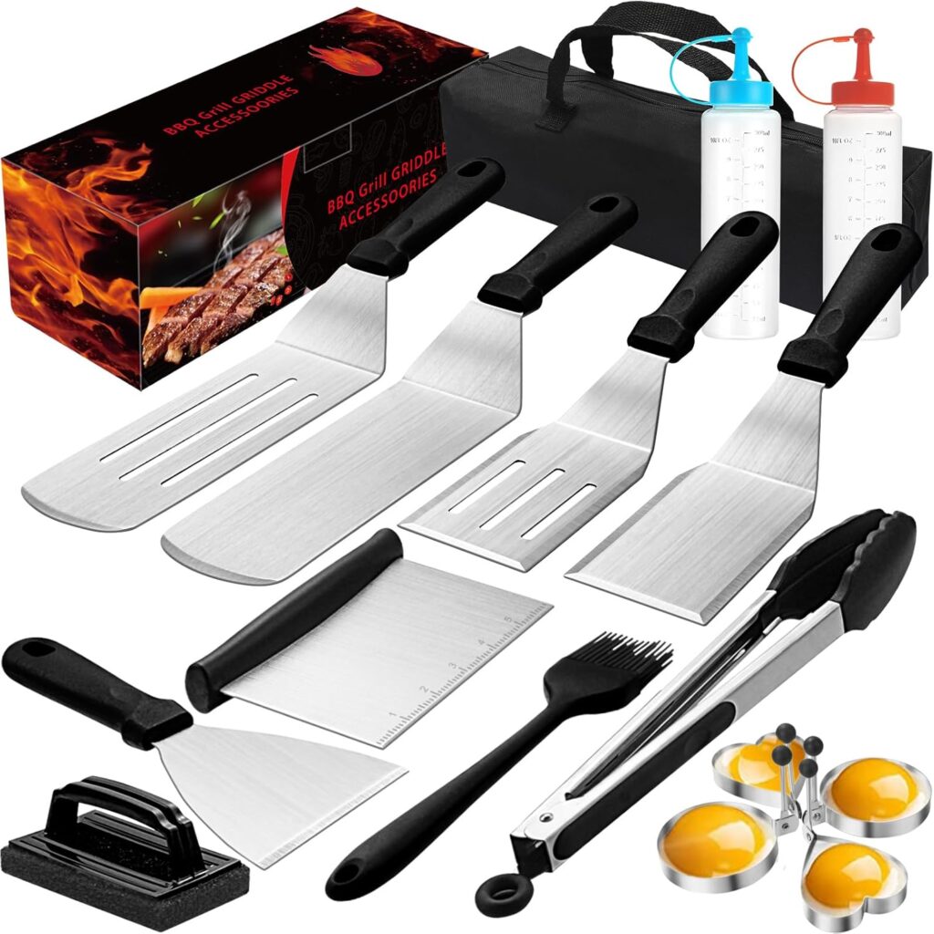 Griddle Accessories Kit, 17PCS Flat Top Grill Accessories Set for Blackstone and Camp Chef, Grill BBQ Spatula Set with Enlarged Spatulas, Scraper, Tongs for Outdoor BBQ