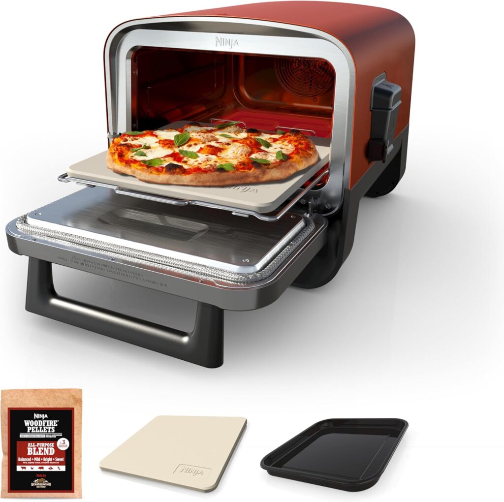 Ninja Woodfire Outdoor Pizza Oven, 8-in-1 Portable Electric Roaster Oven, Heats up to 700°F, 5 Artisan Pizza Settings, Integrated BBQ Smoker Box, Includes Flavored Wood Pellets, Terracotta Red