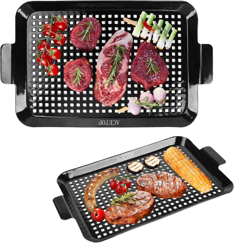 2PCS Grill Topper Pans BBQ ACETOP Nonstick Barbecue Grilling Baskets Outdoor Stainless Steel BBQ Grill Tray with Perforated Bottom for Indoor Camping Chicken Drumsticks Vegetable Shrimp Meat