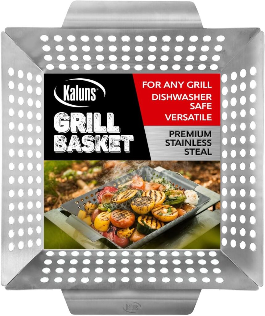 Kaluns Grill Basket For Veggies, Heavy Duty Grilling Baskets For Outdoor Grilling, Large Stainless Steel Vegetable Grill Basket, BBQ and Grill Accessories, Perfect for All Grills and Vegetables