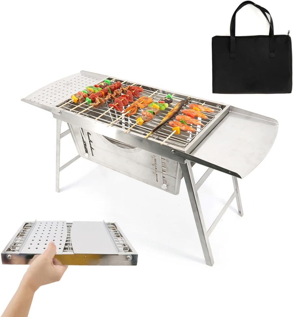 nbe Camping Charcoal Grill Portable BBQ Grill Stainless Steel Wood Burning Grill with Carrying Bag | Folding Small Grills For Outdoor Barbecues Traveling Picnics Garden/Beach Party (85*30.4*40.5CM)