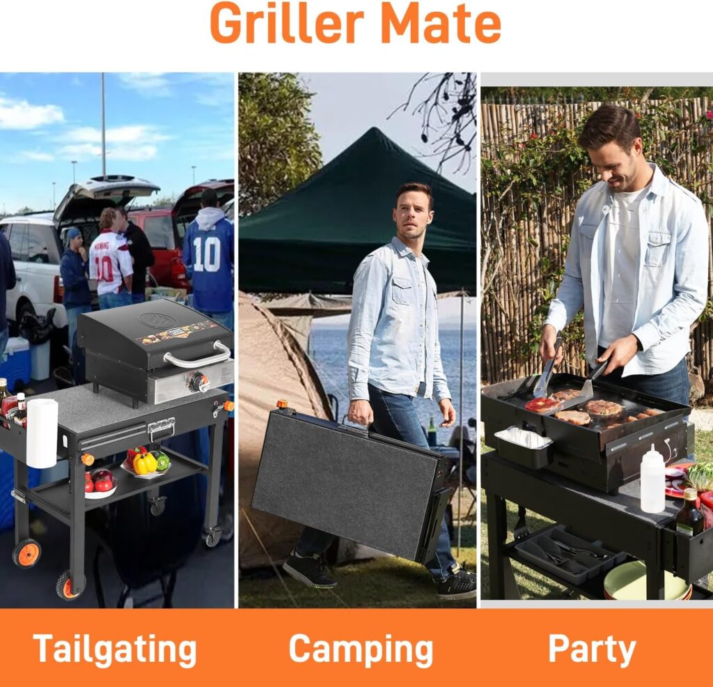 Portable Outdoor Grill Table, Folding Grill Cart Solid and Sturdy, Blackstone Griddle Stand Large Space, Blackstone Table with Paper Towel Holder, Grill Stand for Blackstone Griddle, Ninja Grill etc.