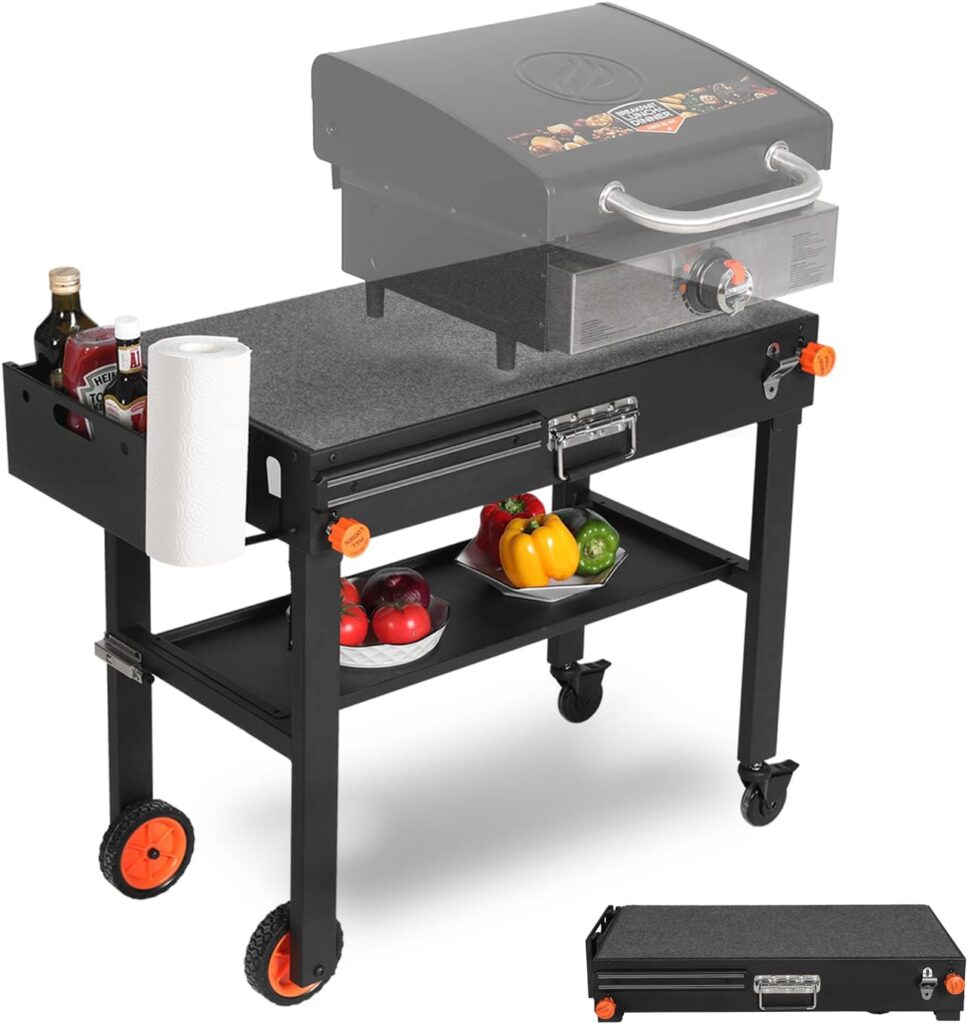 Portable Outdoor Grill Table, Folding Grill Cart Solid and Sturdy, Blackstone Griddle Stand Large Space, Blackstone Table with Paper Towel Holder, Grill Stand for Blackstone Griddle, Ninja Grill etc.