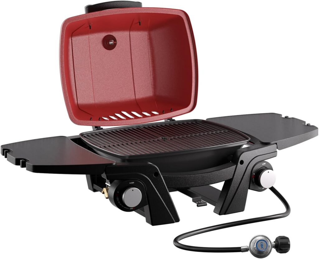 Portable Gas Grill, 2-Burner Small Propane Grills Tabletop Gas BBQ Grill Outdoor Camping Grill 24000 BTU, Detachable Side Tables,Built-in Thermometer for Patio Garden Tailgating