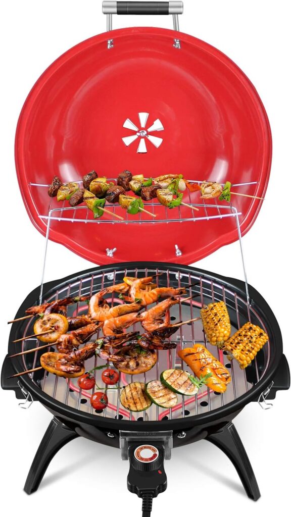 Techwood 1600W Indoor Outdoor Electric Grill, Electric BBQ Grill, Portable Removable Grill (Red, Tabletop grill)