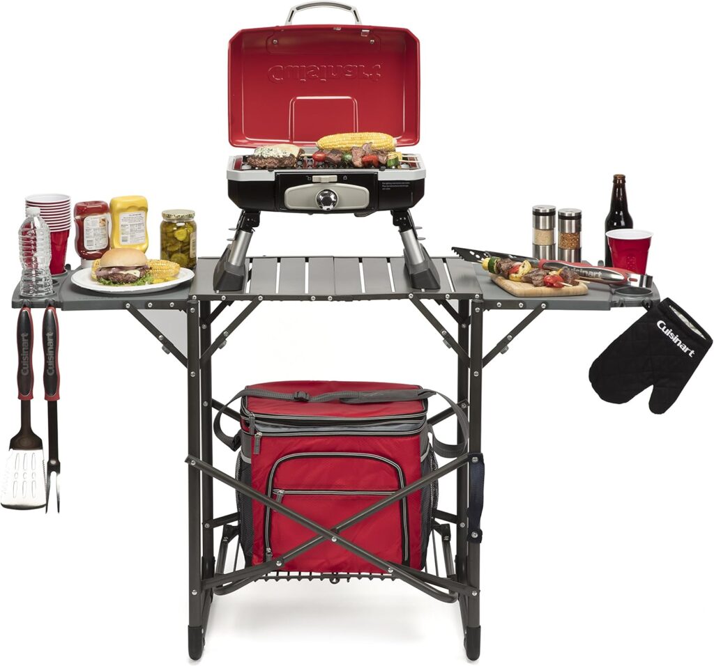 Cuisinart CGG-306 Chefs Style Portable Propane Tabletop 20,000, Professional Gas Grill, Two 10,000 BTU Burners, Stainless Steel and Cuisinart CFGS-222 Take Along Portable Grill Stand