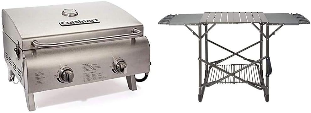 Cuisinart CGG-306 Chefs Style Portable Propane Tabletop 20,000, Professional Gas Grill, Two 10,000 BTU Burners, Stainless Steel and Cuisinart CFGS-222 Take Along Portable Grill Stand