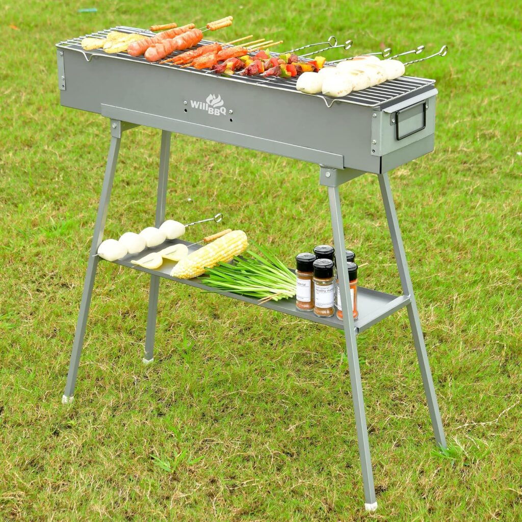 Charcoal Grills Commercial Quality Portable Multiple Size Hibachi BBQ Lamb Skewer Folded Camping Barbecue Grill for Garden Backyard Party Picnic Travel Outdoor Cooking Use(31.6x10.3x5.1 inch)